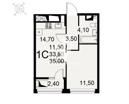 1-к квартира, 3/17 эт., 35м²